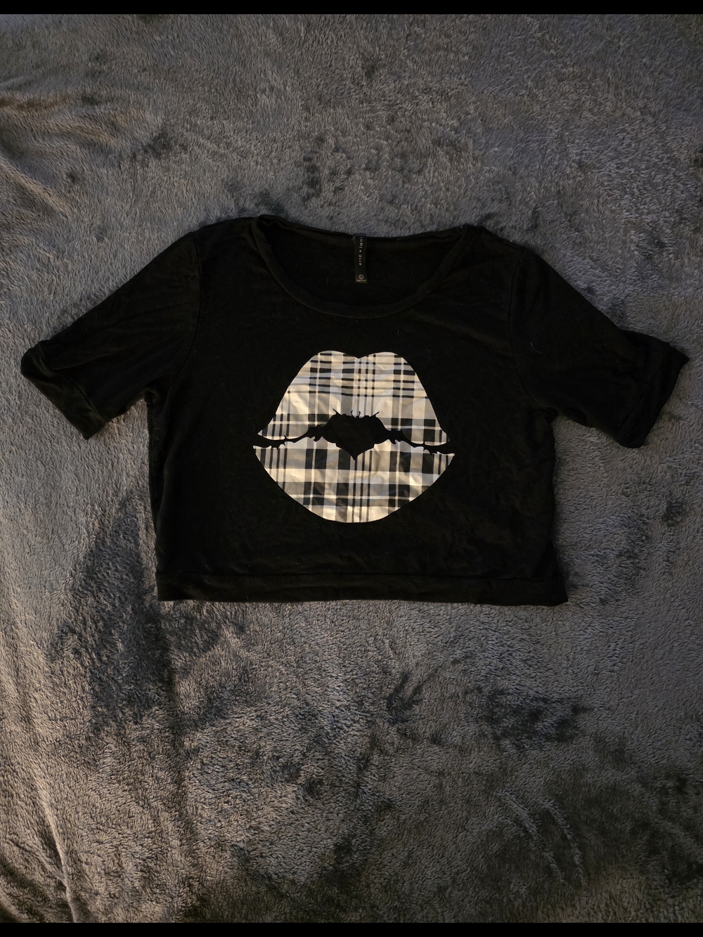 Black Crop Top with Plaid Lip Graphic
